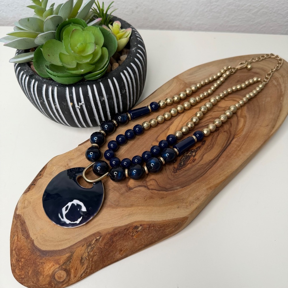 Chico's Beaded Necklace Womens Navy Blue Gold Statement Pendant Coastal OS